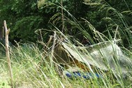 A dark green tent in the grassland